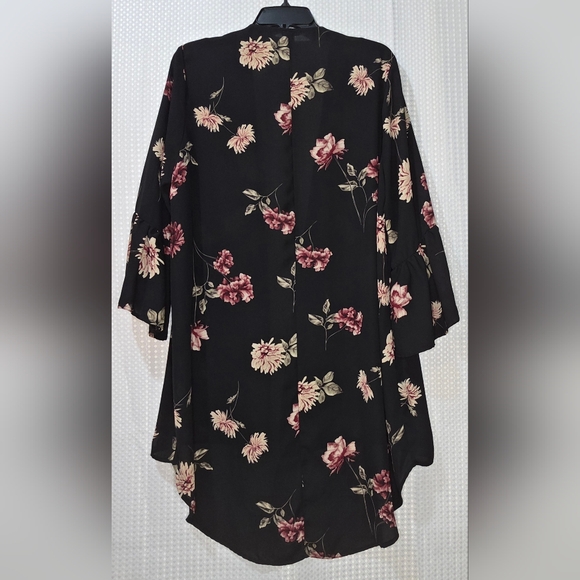 Black Floral Kimono Cardigan Duster | Boho Lightweight Layering Top | Women's - Picture 3 of 8
